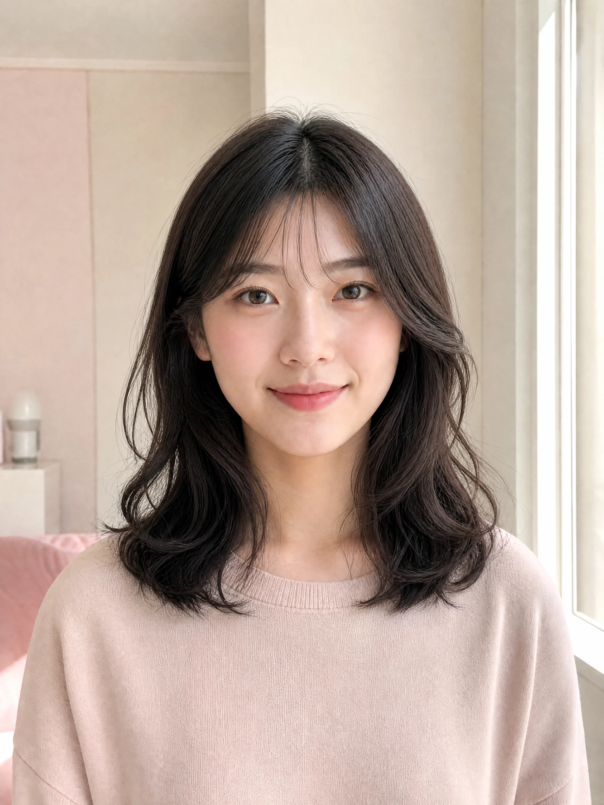 Adult university student previewing layered curls and wispy bangs