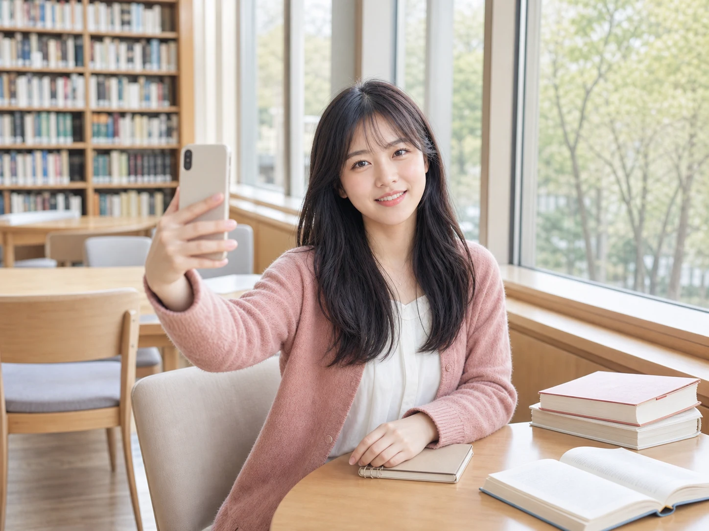 Young adult Japanese university student in a cream cafe edited with the AI Selfie Editor
