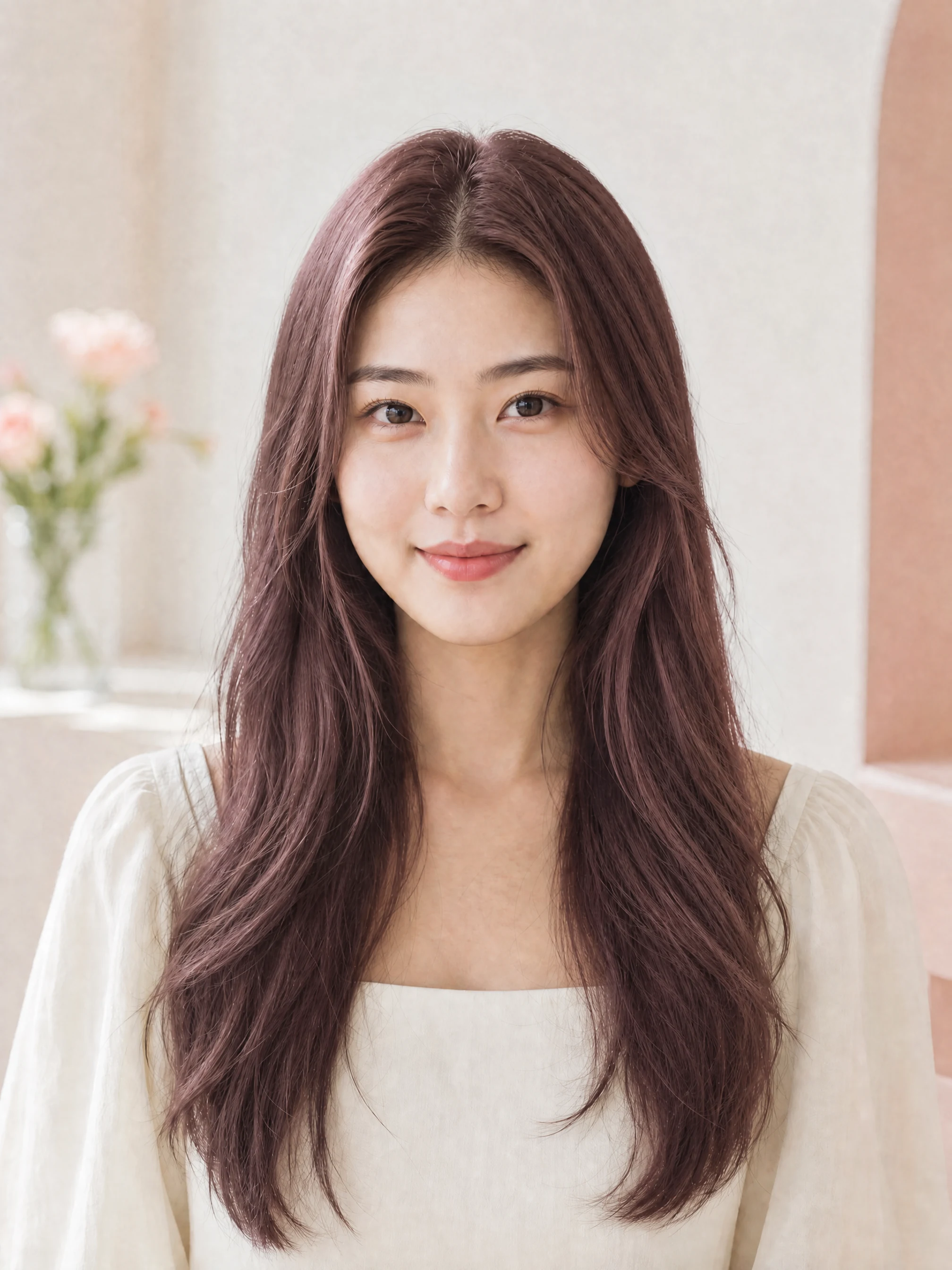 Young adult woman with rose-brown hair created by the AI Hair Color Changer