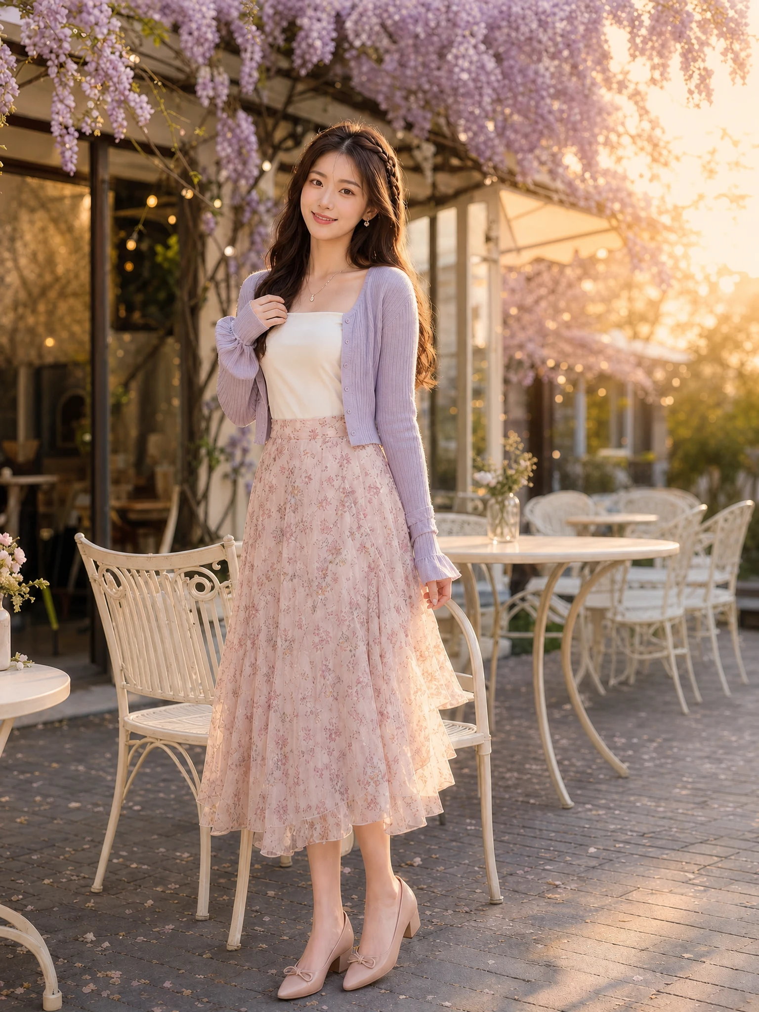 Adult Chinese university woman in a clean travel street after using the AI People Remover