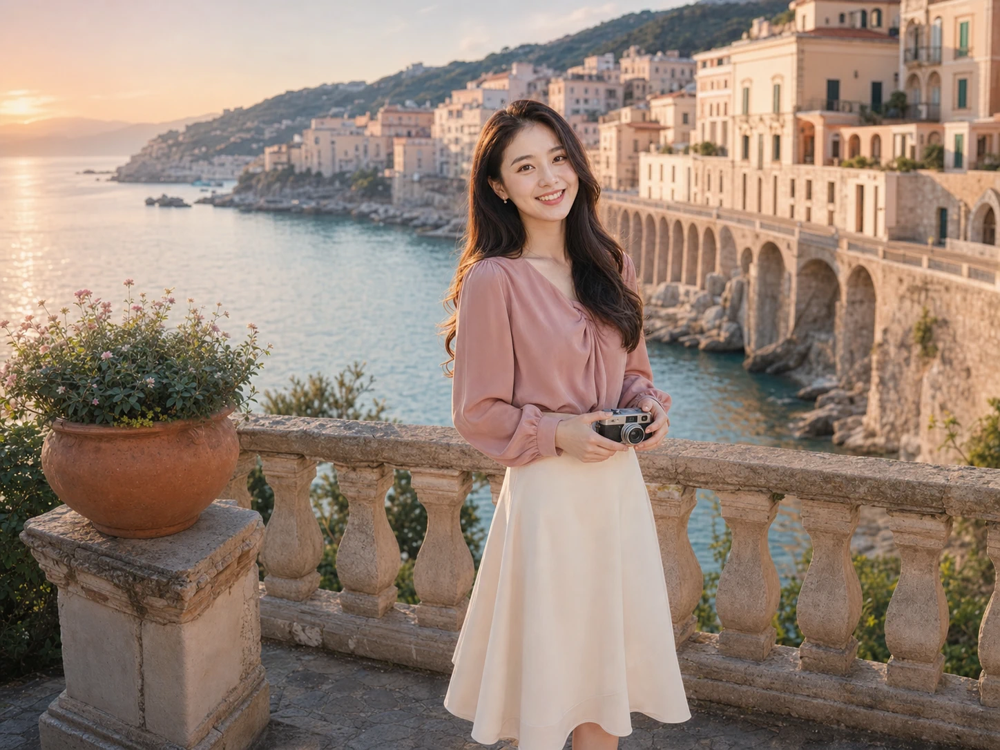 Young adult Chinese university student in a sunlit cafe social media photo